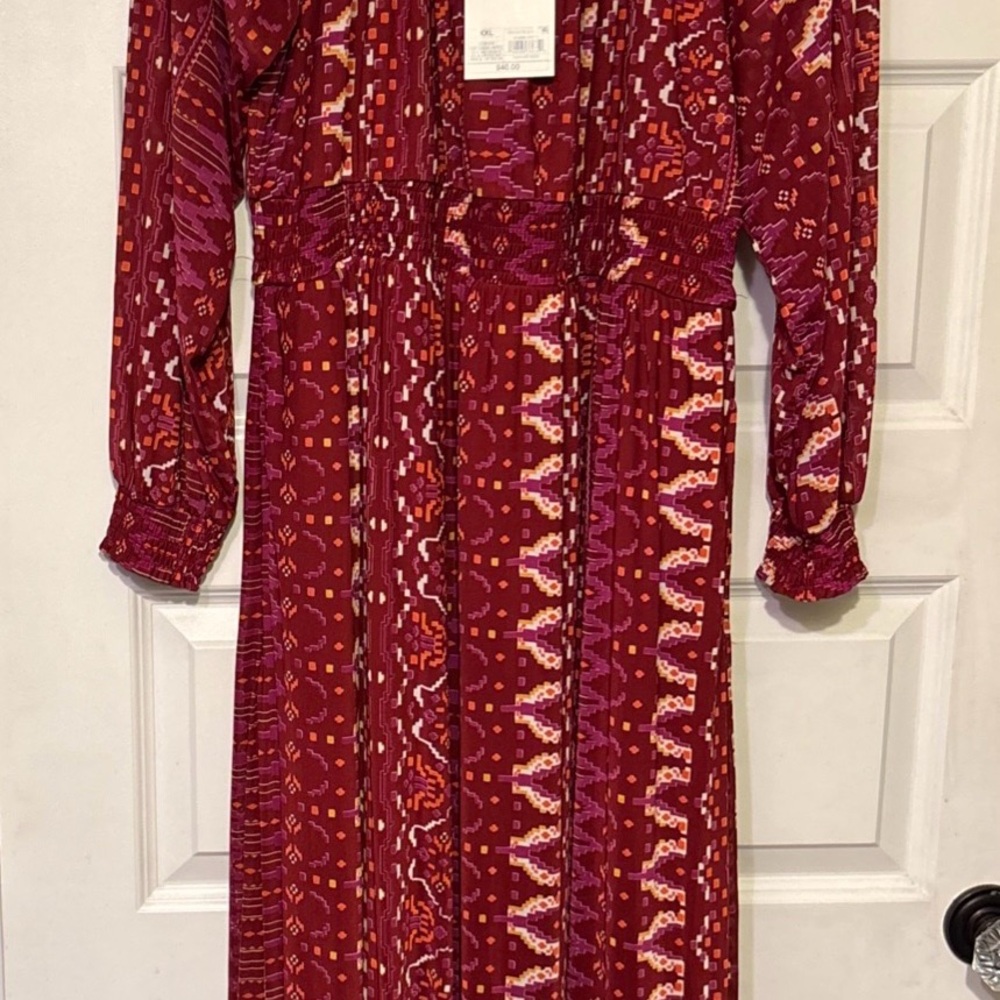 Knox Rose boho long sleeve dress deep hibiscus red Aztec hippie festival pockets - Picture 10 of 10
